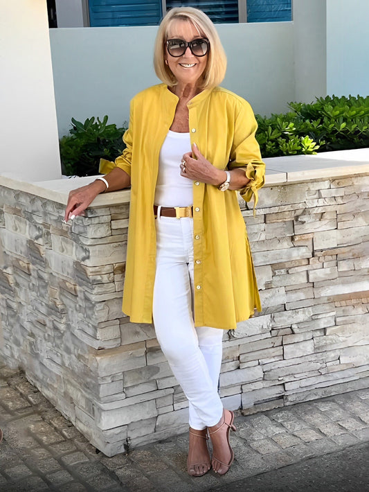 Giacca camicia da donna lunga in cotone tinta unita